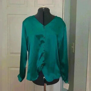 NOTATIONS WOMEN DEAD STOCK LONG SLEEVE SILKY FEEL DARK GREEN TEAL? BLOUSE 16W